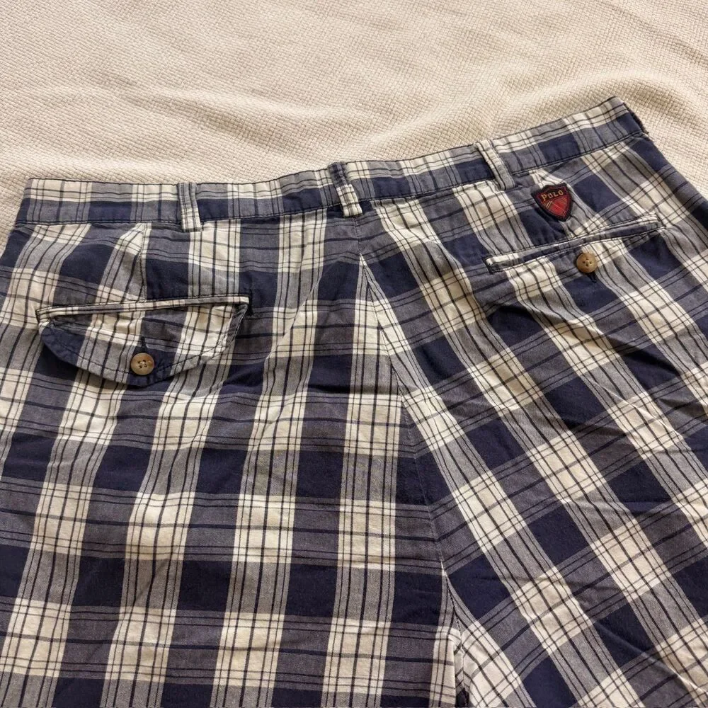 Polo Ralph Lauren Blue White Plaid Cotton Shorts Size 36 Vintage Men’s Golfwear